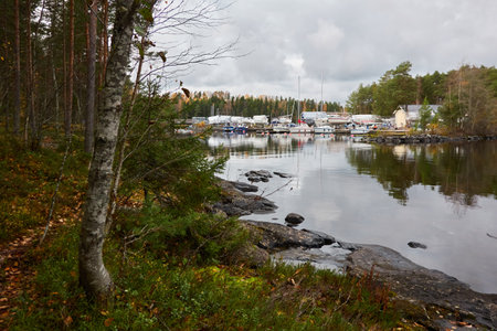 Sailboats moored to a pier and standing on land in a yacht marina prepared for winterization or new sailing season. Transportation, repair and service conceptsの写真素材