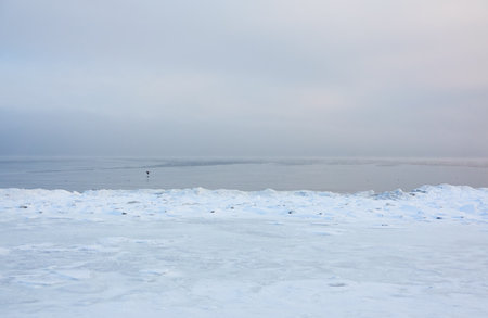 A view from the frozen snow-covered Baltic sea shore. Cloudy day, dramatic light, soft sunlight. Ice, snow. Fickle weather, blizzard. Winter tourism, global warming, climate change, ecology themesの写真素材