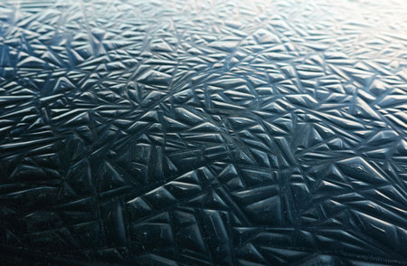 Cracked ice, dark water surface, frozen lake shore. Geometric natural pattern. Winter landscape, picturesque scenery. Concept image, graphic resources. Nature, ecology, climate, global warmingの写真素材