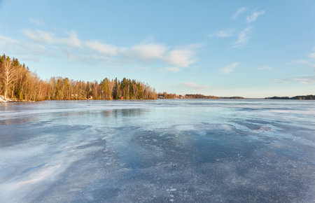 Panoramic view of the forest lake on a sunny winter day. evergreen trees. soft sunlight. Frozen water surface. Finland. Environment, nature, ecology, ecotourism, cold weather, climate change themesの写真素材