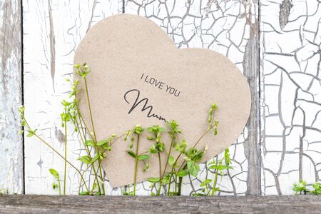 I love You Mum written on a paper card on a rustic old wallの写真素材