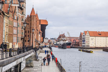 Gdansk, Poland - 12 April 2019; Gdansk, Poland - 12 April 2019; View of the Motlawa riverfront and...