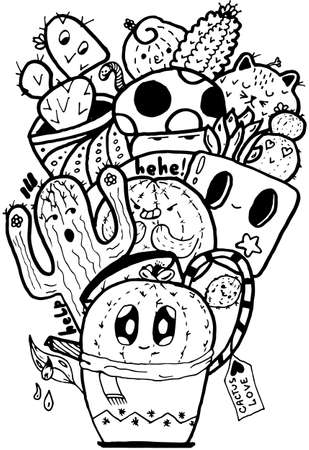 Cactus Love Easy Doodle black and white isolated patternのイラスト素材