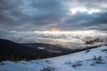 Panorama snow mountains landscape. Sunrise over Carpathian mountain in Ukraine.の写真素材