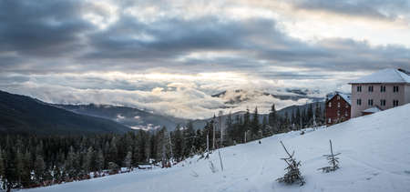Panorama snow mountains landscape. Sunrise over Carpathian mountain in Ukraine.の写真素材