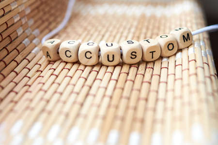 Word accustom lined with wooden cubesの写真素材