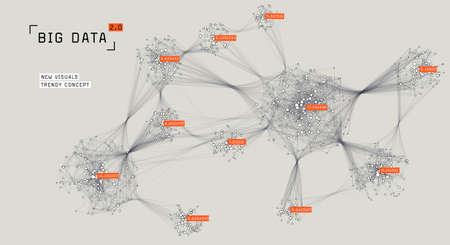 Abstract big data visualization. Cluster analysis. Cloud data storage representation. Distributed network. Social media graph. Global data.のイラスト素材