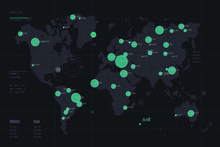 World map big data visualization. Hotspots on map. Global activity monitoring. Complex visual geo...