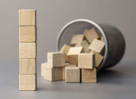 A pile of empty wood block on table. Top view. Business concept for growth success process. Copy space.の写真素材