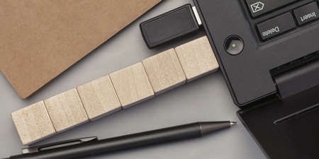 Empty wood block on table. Top view. Business concept for growth success process. Copy space.