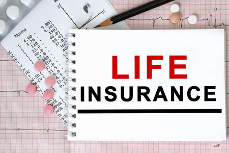 Notebook page with text LIFE INSURANCE on a table with a pills and pencil, medical concept, top viewの写真素材