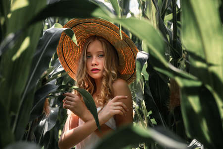 Stylish young girl 10-12 years old in vintage clothing and straw hat posing in a cornfield. Unity with nature. Caring for the environment, calm moment in countrysideの写真素材
