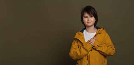 Calm little boy in casual clothes holding hands on chest close to heart feel grateful, thanking...