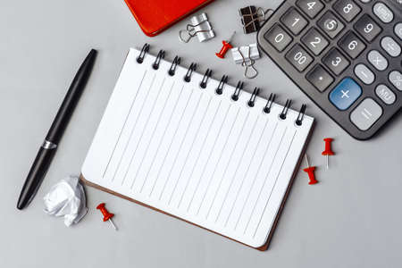 Close up of blank notebook on the table. Top view. Office concept. Closeup of a personal agendaの写真素材
