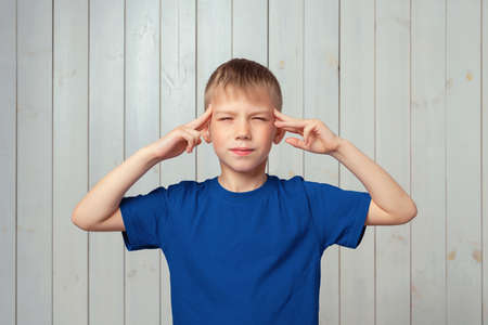 Portrait of confident preteen boy in blue t shirt pointing with fingers at head, making plan. Concept of thinking. Be smart and think. Studio shot, light wooden backgroundの写真素材