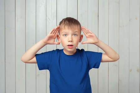 Portrait of startled preteen boy in blue t shirt raising hands and gasping worried, staring shocked and confused at camera. Studio shot, light wooden backgroundの写真素材