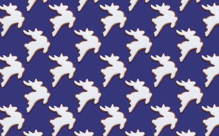 Seamless pattern of cookies in the shape of White deer, on a purple background, minimal print for new year card. Happy new year and merry christmas conceptの写真素材