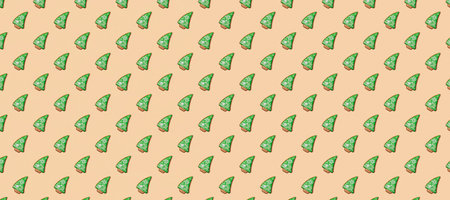Christmas cookie pattern. Pastel orange seamless background. Christmas tree shaped gingerbread...