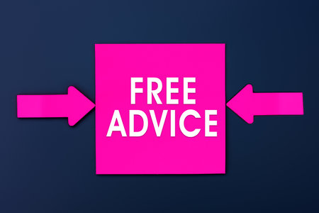 Free Advice - inscription of a magenta paper notes and two colorful arrows over a dark blue...
