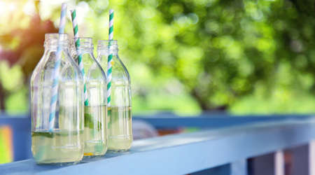 Three bottles with lemonade. Drink fresh lemonade on a hot summer day in nature. Place for text.の写真素材
