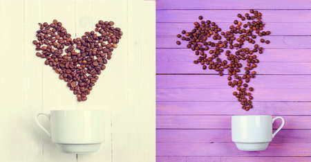 Grain of coffee in the form of a heart over a cup. Top view. Postcard. Flat lay two image.の写真素材