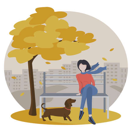 Vector drawing of a young girl with a dog sitting on a bench in an autumn park. Bright and beautiful illustration in a flat style.のイラスト素材