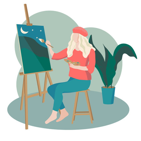 Vector image of an artist girl in trendy colors. Homeschooling and self-employment during quarantine. Actual illustration in flat styleのイラスト素材