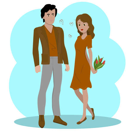 Vector image of the first date.The young people are a little confused. The girl is holding a bouquet of tulips. Flat cartoon vector illustration.のイラスト素材