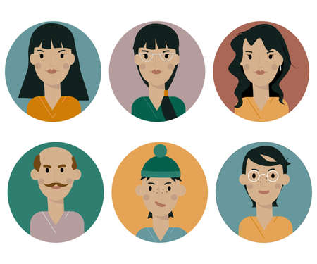 A set of female and male flat avatar icons on a white background. Vector graphicsのイラスト素材
