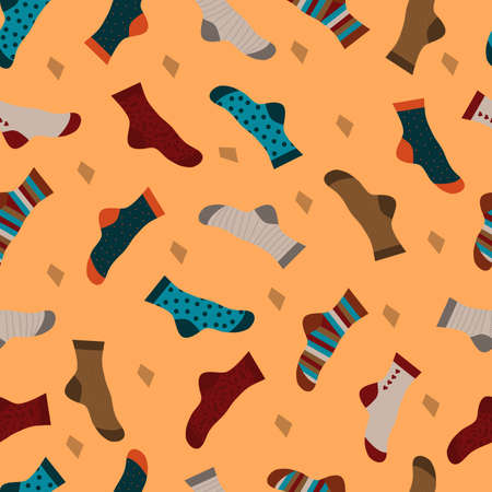 Multi-colored socks on a yellow-brown background with a seamless pattern. Vector image. Many different socks scattered on a bright background.のイラスト素材