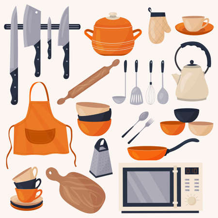 Kitchen utensils for cooking. Vector set of kitchen accessories, metal and ceramic dishes. Kitchen items, cooking equipment.のイラスト素材