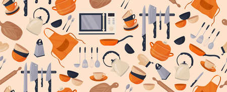 Vector seamless pattern with various kitchen accessories. Kitchen utensils. Pot, kettle, knives,...