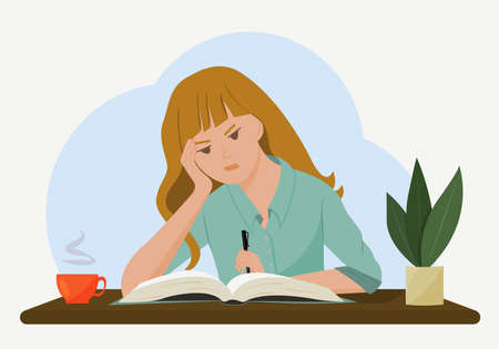 Vector illustration of a girl at a desk. The student thought about doing her homework. The concept of heavy, impossible homework.のイラスト素材
