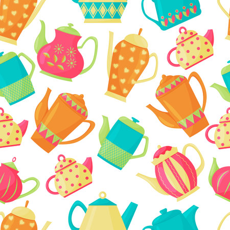 Vector seamless pattern with a variety of teapots on a white background. Kitchen utensils. Bright colors. Flat styleのイラスト素材