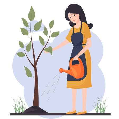 A young woman is watering a tree. Agricultural work. Gardening. Vector illustration in a flat style.のイラスト素材