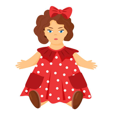 Drawing of a doll in a red dress and with a bow in her hair. Vector illustration of a children's toy for girls.のイラスト素材