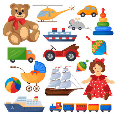Colorful set of children's toys. A doll, a teddy bear, cars, a helicopter, a sailboat and ships. Vector illustration.のイラスト素材