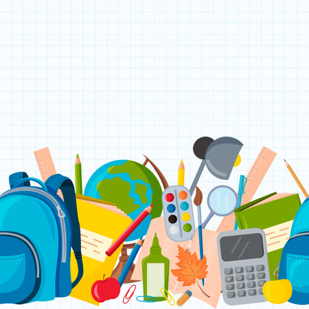 Vector seamless pattern with school supplies. Globe, Backpack, pencils, pens, Paper clips, Calculatorのイラスト素材