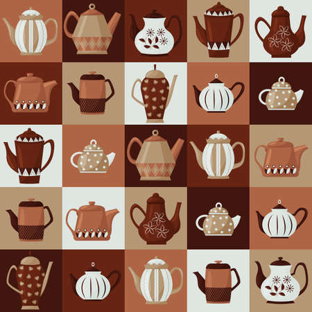 Seamless pattern with teapots in brown tones. Coffee theme. Vector illustration.のイラスト素材