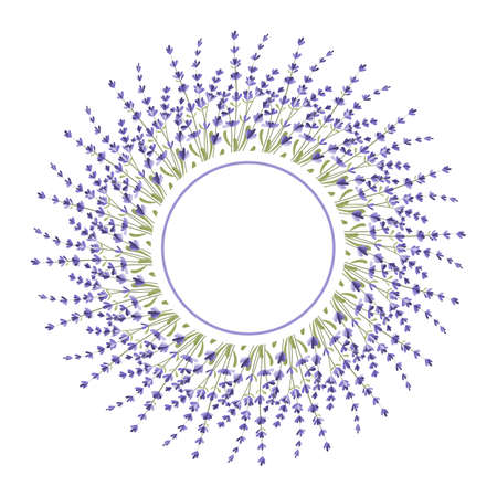 Round frame made of lavender twigs. An empty space for the text. Postcard. A design element. Vector.のイラスト素材