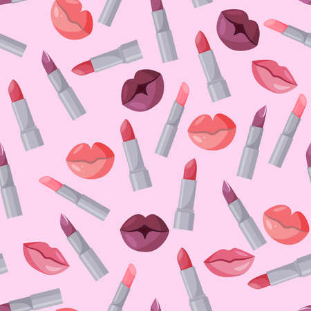 Seamless pattern with juicy bright lips and lipsticks. Sexy female lips on a light background. Vectorのイラスト素材