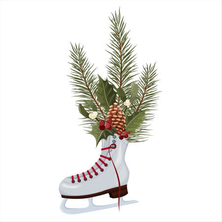 A shoe for skating on ice with fir branches, a cone, a holly and mistletoe twigs. The concept of New Year and Christmas. Suitable for decorating a holiday card. Vector.のイラスト素材