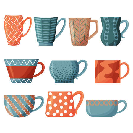 Vector set of tea cups. Colorful cups for morning tea drinking. Design elements isolated on a white background.のイラスト素材