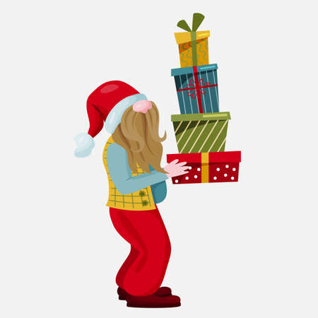 A fabulous Christmas character carries gifts in his hands. An illustration of a cartoon little gnome in a bright colorful costume. Vector.のイラスト素材