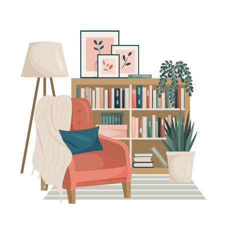 The interior of the living room in Scandinavian style. The boho palette. Armchair, bookcase, indoor flowers. The cat sleeps on the carpet. Vector.のイラスト素材