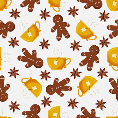 Vector. Winter seamless pattern with a cartoon-drawn mug of hot tea, gingerbread and cinnamon.