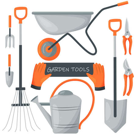 Vector set of garden tools. Trolley, shovel, pruner, watering can, rake, gloves, shovelのイラスト素材