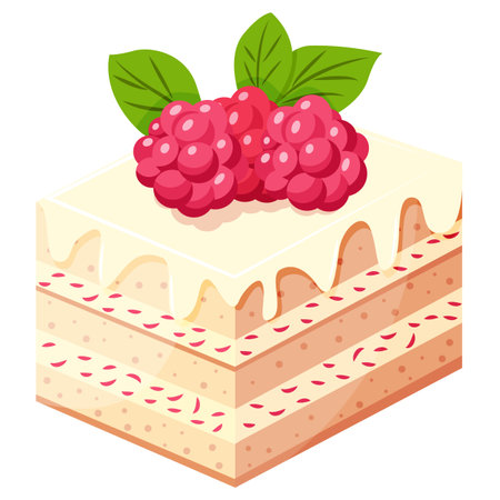 A white cake with raspberry berries on top. The cake is decorated with a leafy garnishのイラスト素材