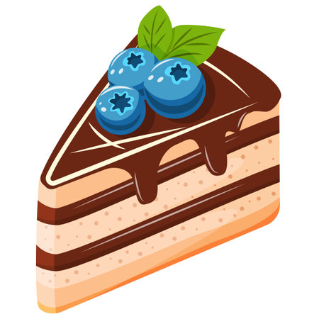 A slice of chocolate cake with blueberries and green leaves on top. The cake is cut into a triangle and has a chocolate glazeのイラスト素材