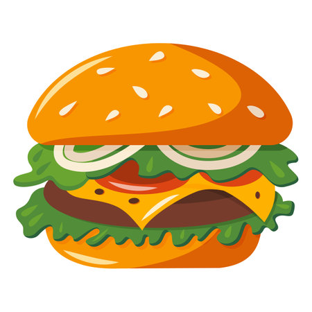 An appetizing hamburger with a fluffy bun, a juicy cutlet, cheese, onions and lettuce. Vector. Illustration in cartoon style.のイラスト素材